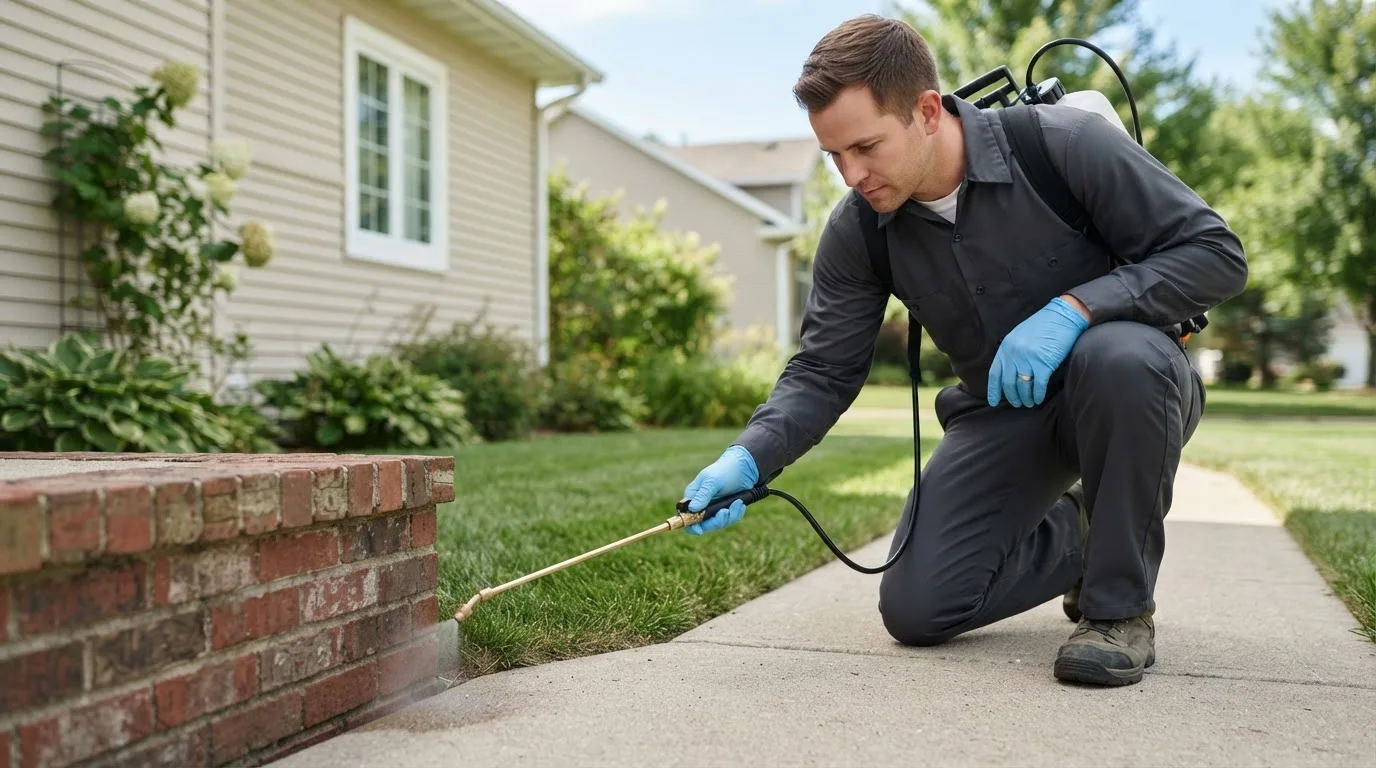 Pest control technician treating a home near Willimantic, CT