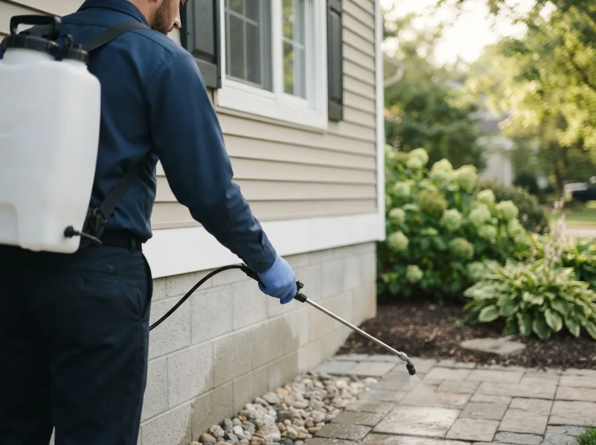 Pest control technician inspecting a home in Willimantic, CT